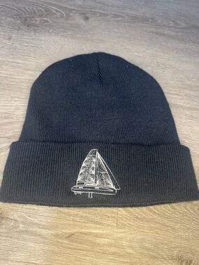 Vagabond Black Knit Beanie with White Sailboat Embroidery